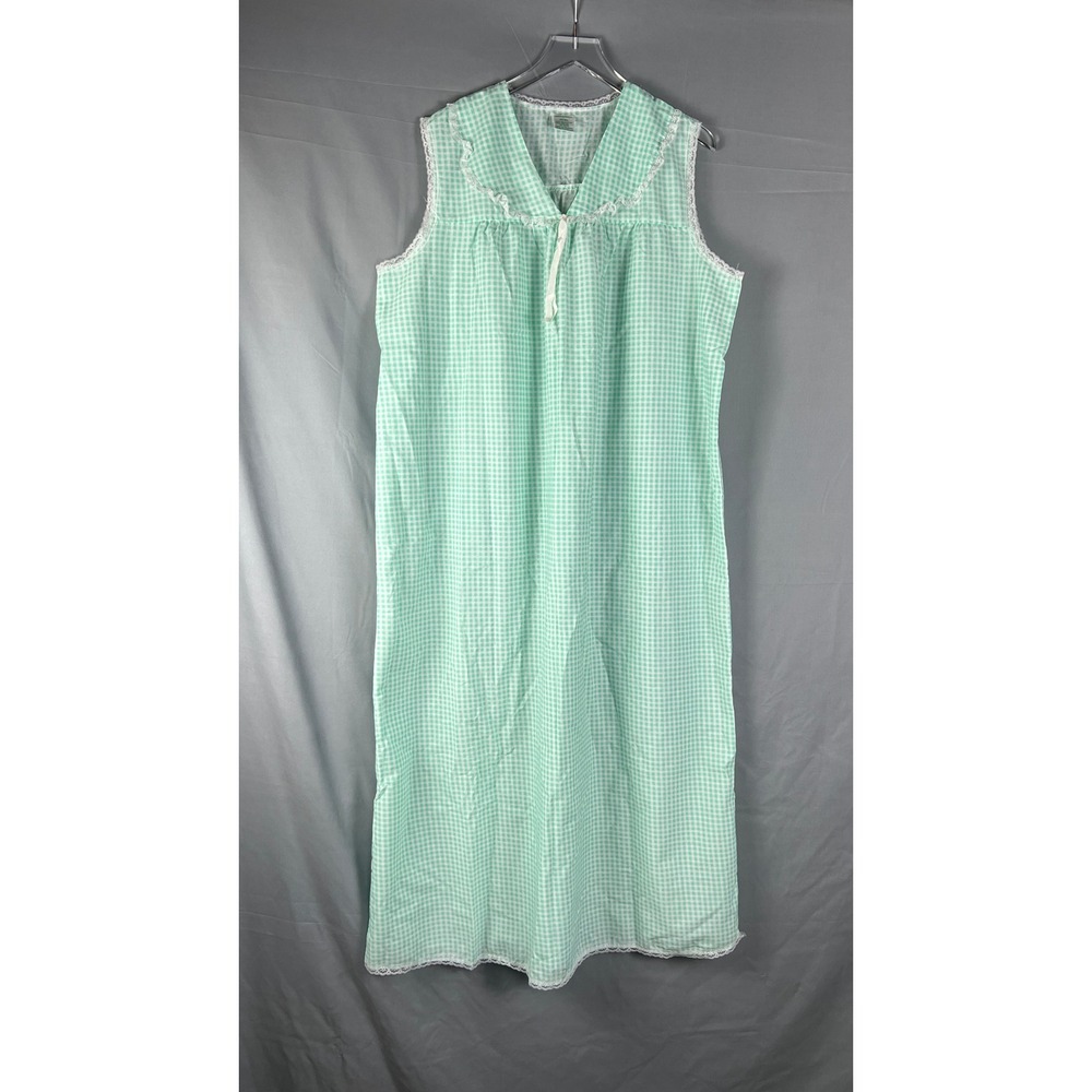 Vintage Sleeveless Nightgown Womens A8/B0 Green White Gingham Check Sleep Wear
